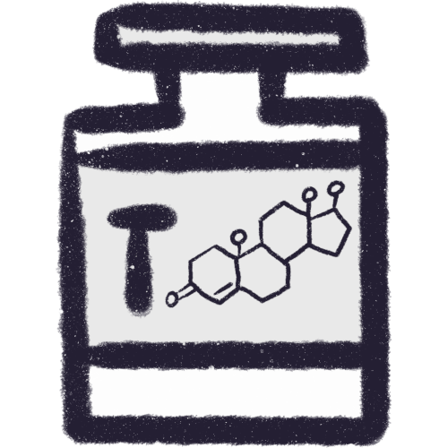 a vial with a white wrapper on it. the wrapper has the letter t and the molecular structure of testosterone on it